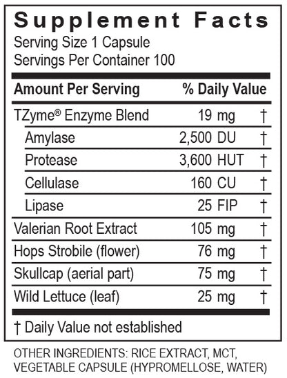 Supplement Facts label for CalmZyme, 100 capsules. The full panel is also written out as text on this page.