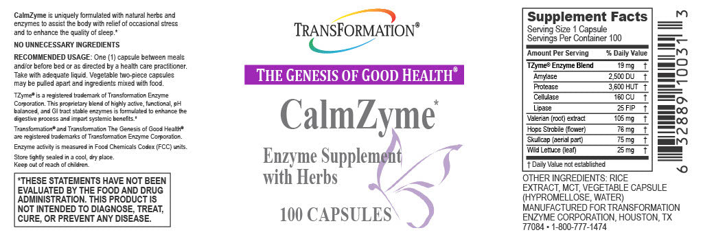 Supplement Facts panel for CalmZyme* (100). The same ingredient amounts are available as text below this image.