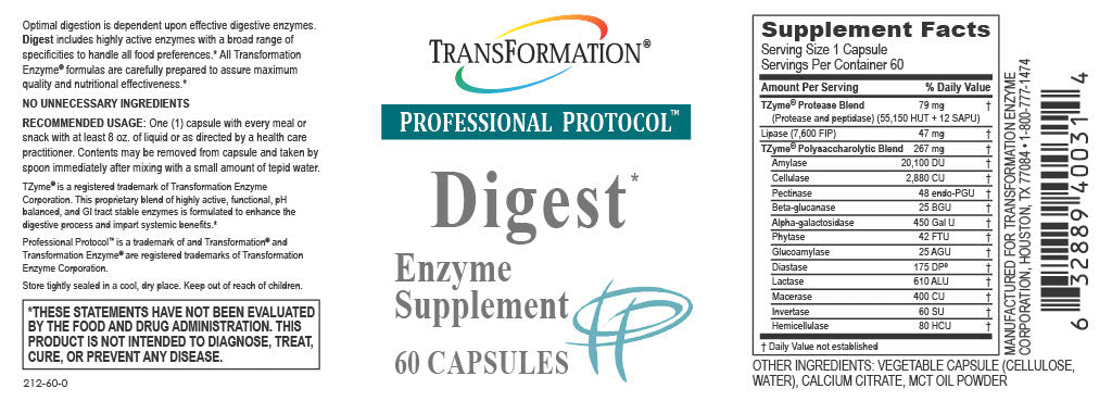 Supplement Facts panel for Digest* (60). The same ingredient amounts are available as text below this image.