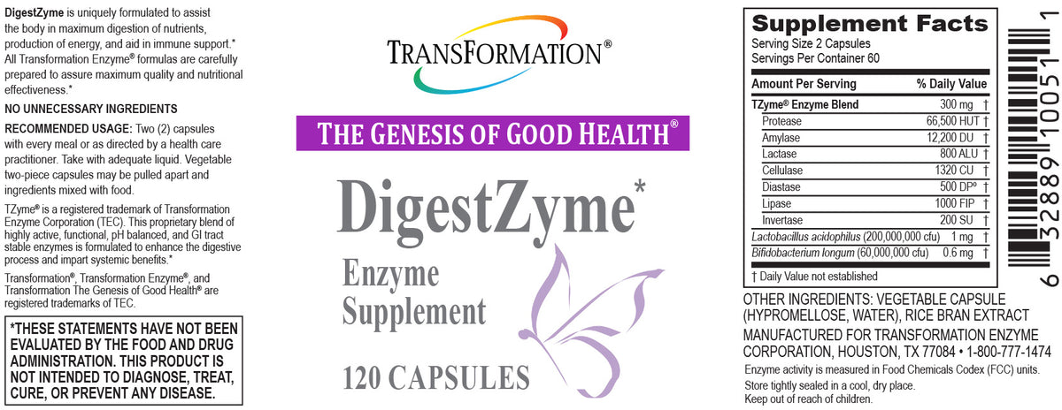 Supplement Facts panel for DigestZyme* (120). The same ingredient amounts are available as text below this image.