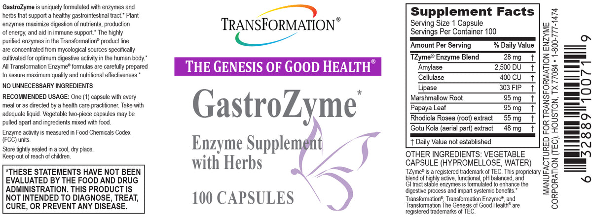 Supplement Facts panel for GastroZyme* (100). The same ingredient amounts are available as text below this image.