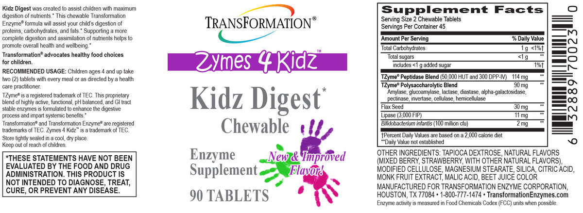 Supplement Facts panel for Kidz Digest Chewables (90). The same ingredient amounts are available as text below this image.