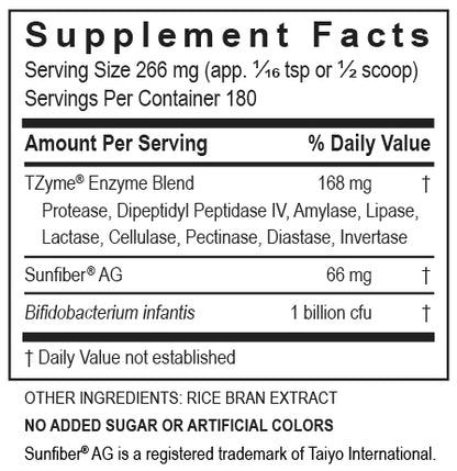 Supplement Facts label for Kidz Digest Powder, 47 g. The full panel is also written out as text on this page.