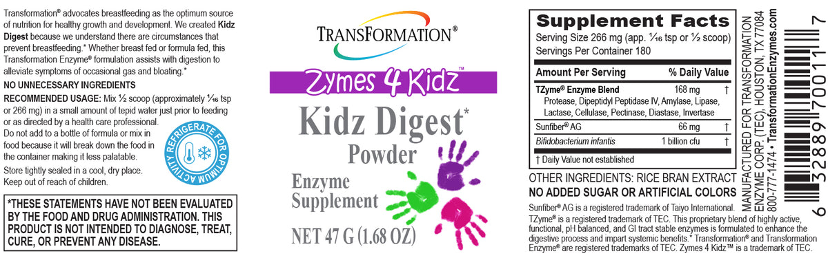 Supplement Facts panel for Kidz Digest Powder (47g). The same ingredient amounts are available as text below this image.